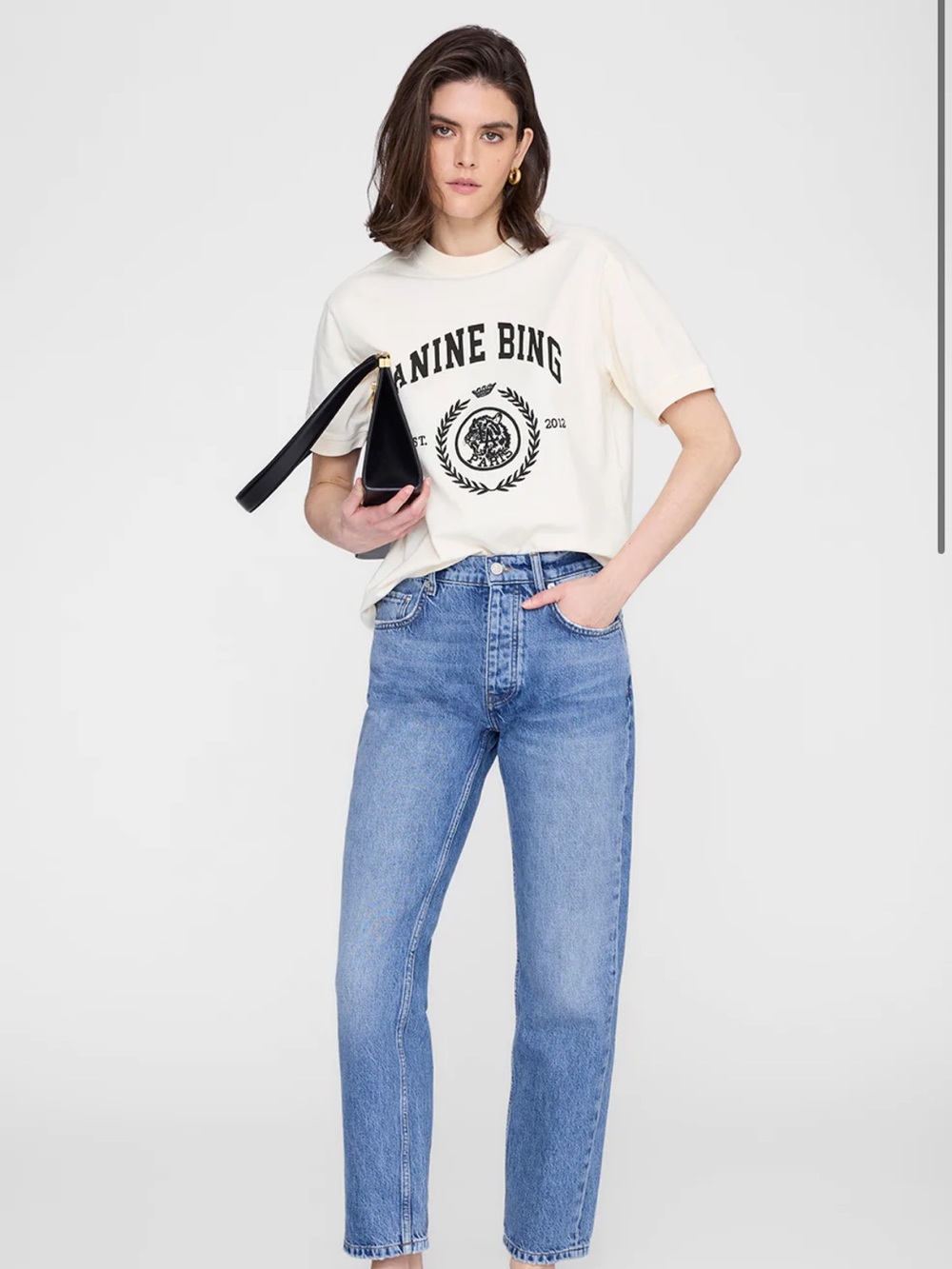ANINE BING Cream Long Sleeve Tee with Black Crest Logo - Picture 2 of 3